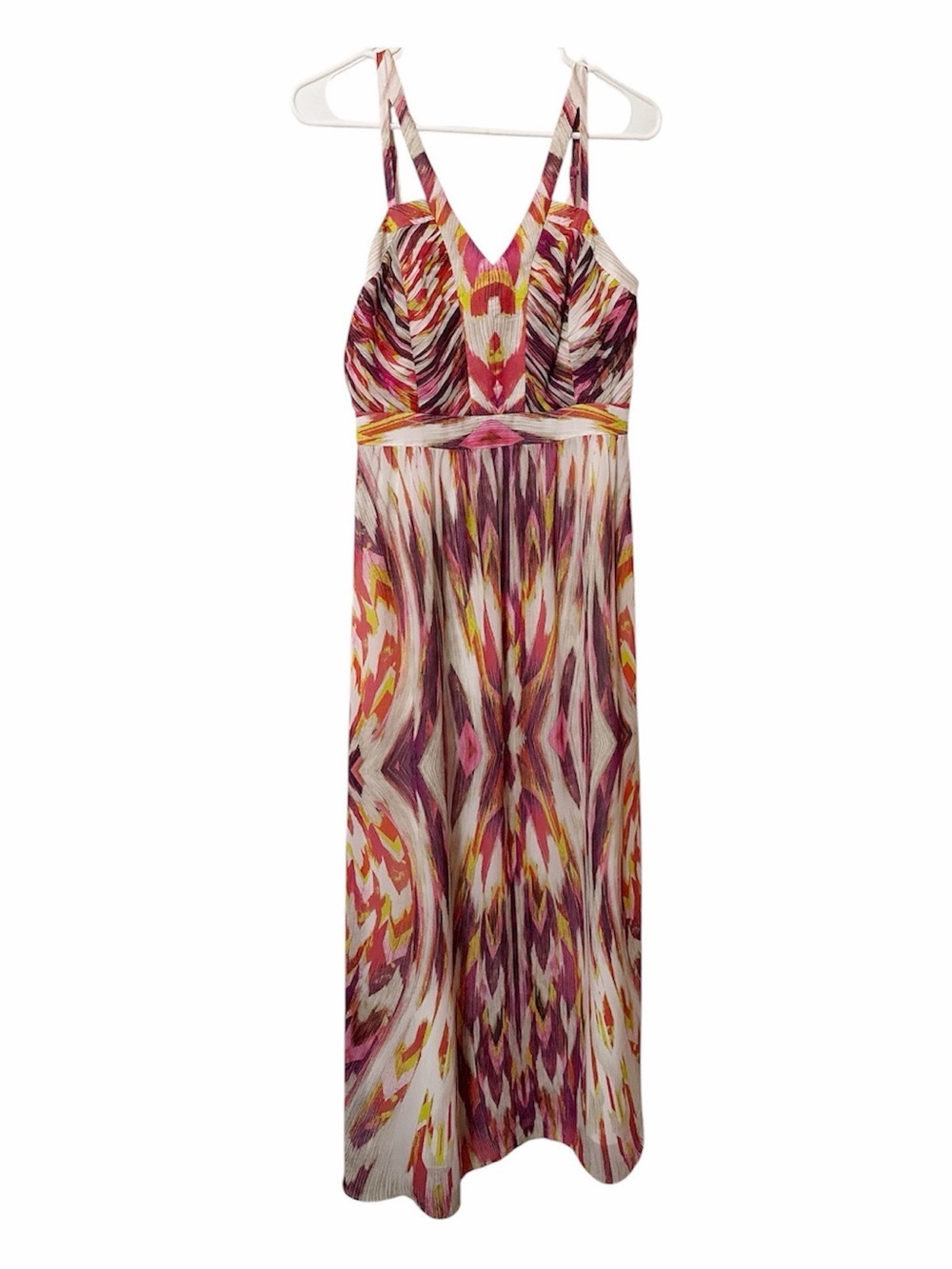 ANTONIO MELANI Multicolor Printed V-Neck Maxi Dress in Pink, Burgundy and Yellow